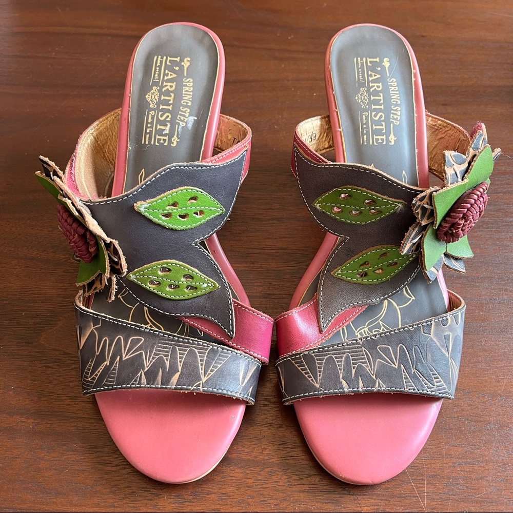 L' ARTISTE Spring Step TOUCY Floral Leather Pink/Green Stacked Heel Sandals 39